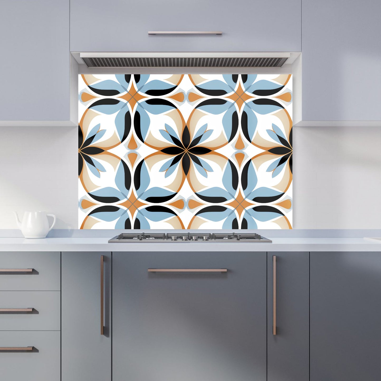 White Brown and Blue Geometric Pattern Kitchen Splashback