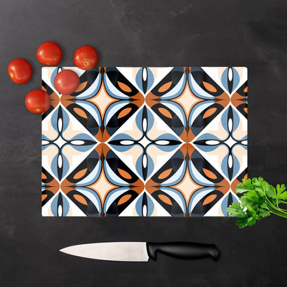 Brown And Blue Geometric Pattern Glass Chopping Board