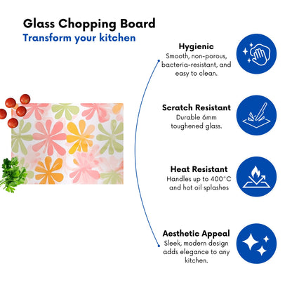 Yellow And Pink Flowers Glass Chopping Board