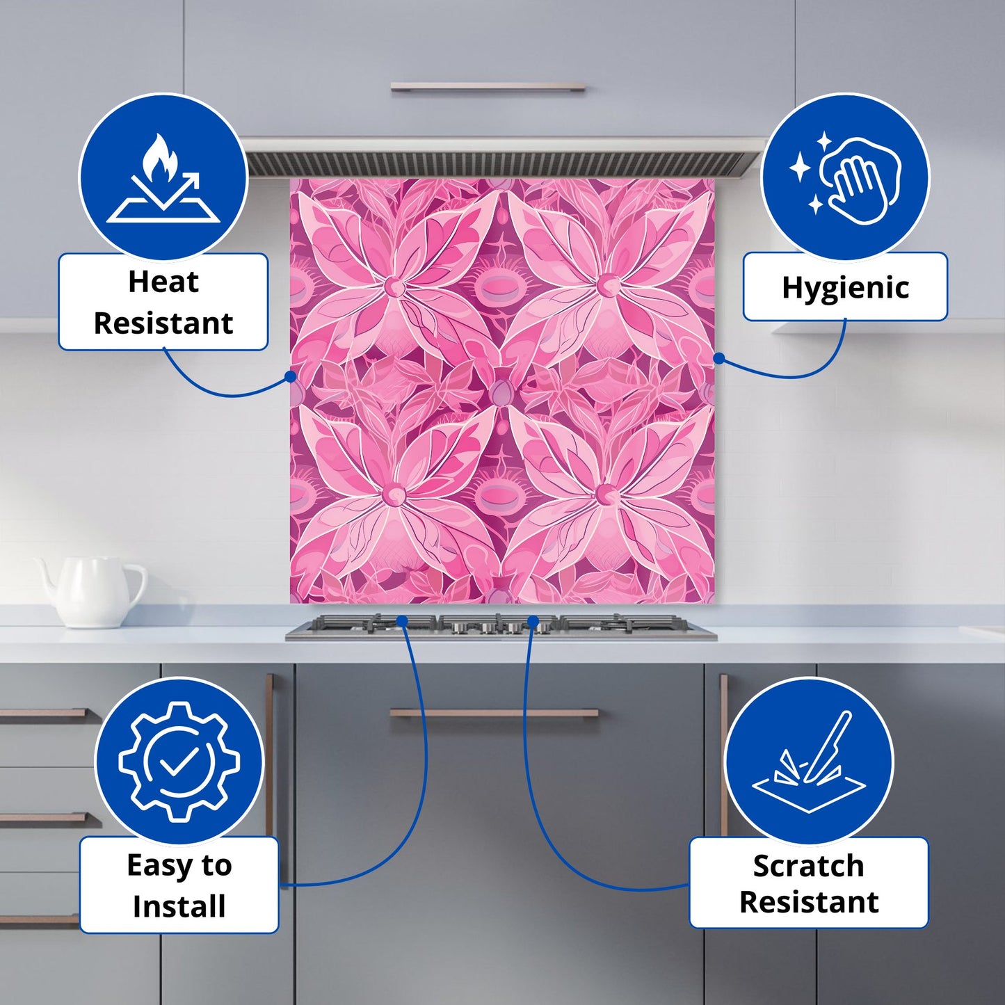Pink Abstract Floral Design Kitchen Splashback