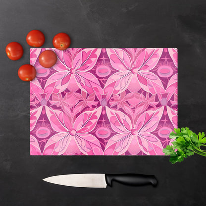 Pink Abstract Floral Design Glass Chopping Board