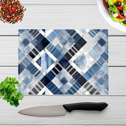 Checkered Square Black And Blue Glass Chopping Board