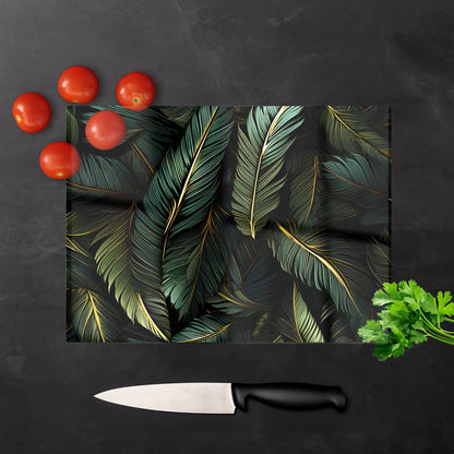 Green And Gold Leaves Glass Chopping Board