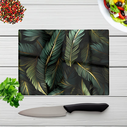 Green And Gold Leaves Glass Chopping Board