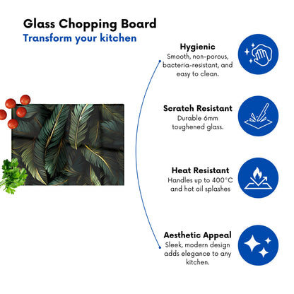 Green And Gold Leaves Glass Chopping Board