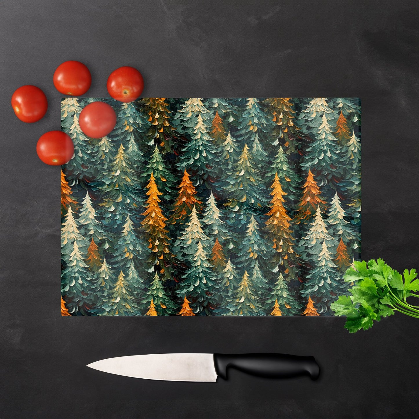 Impasto Style Christmas Trees Glass Chopping Board