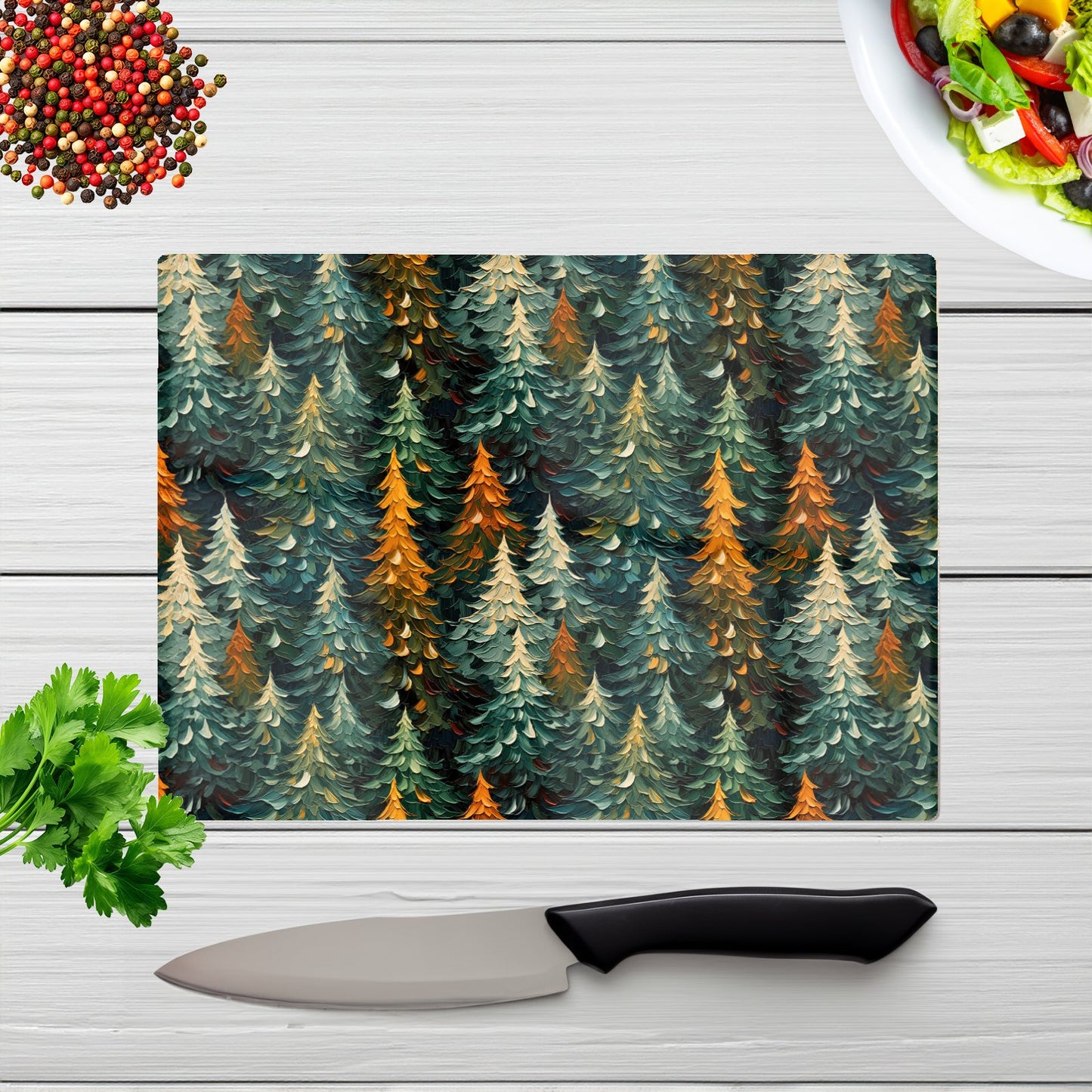 Impasto Style Christmas Trees Glass Chopping Board