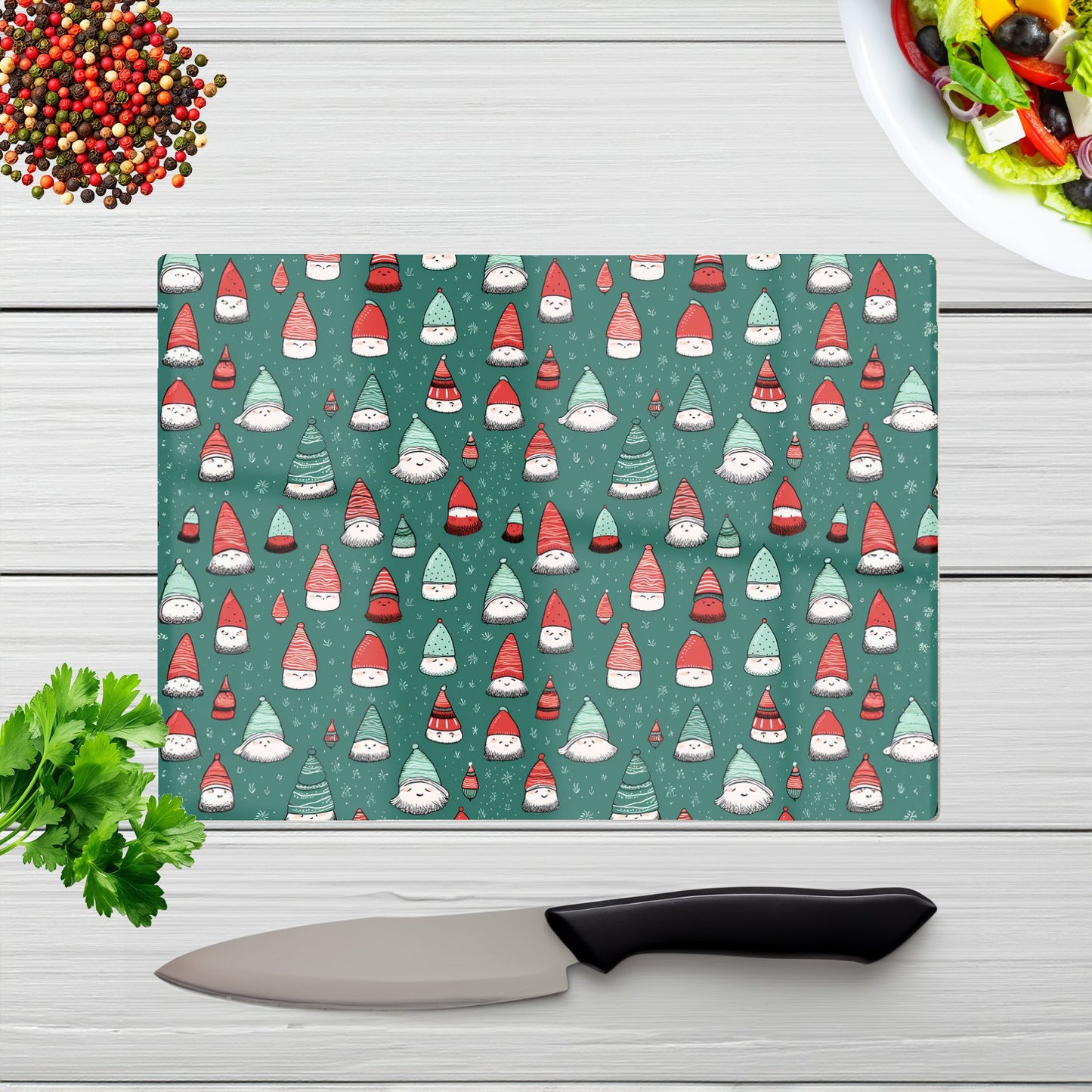 Hand Drawn Joyful Santa Hats Glass Chopping Board