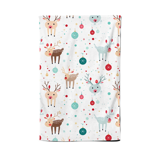 Happy Reindeer With Christmas Lights Tea Towel