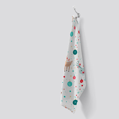 Happy Reindeer With Christmas Lights Tea Towel