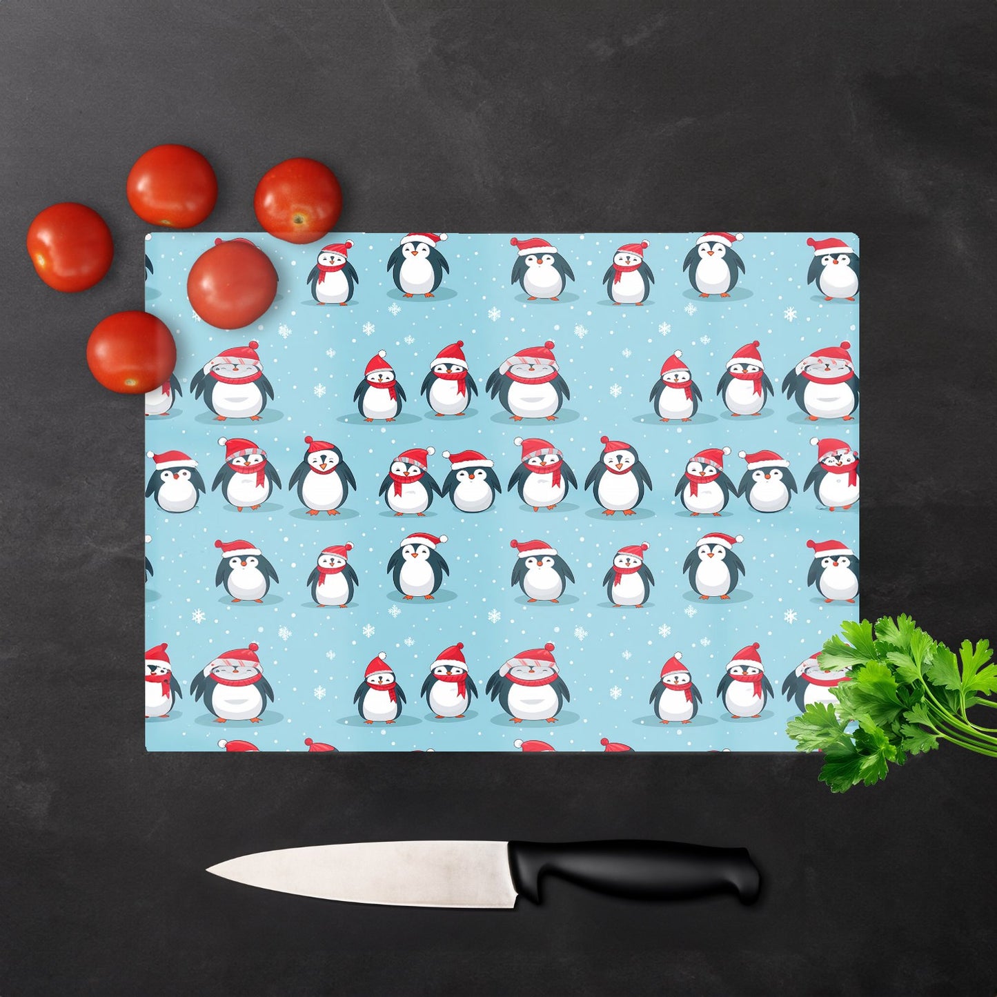 Adorable Santa Penguins Glass Chopping Board