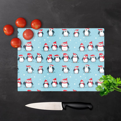 Adorable Santa Penguins Glass Chopping Board