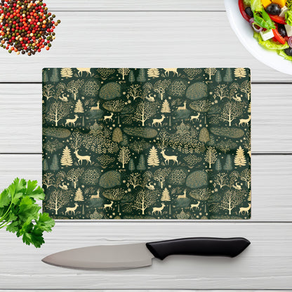 Green Christmas Woodlands Glass Chopping Board