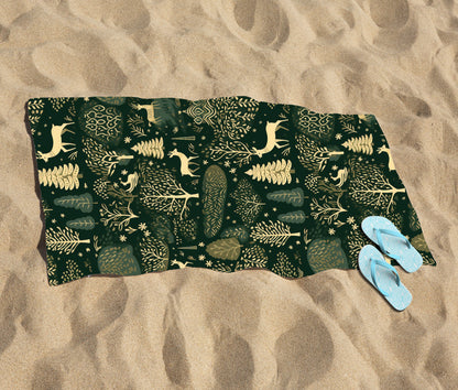 Green Christmas Woodlands Beach Towel
