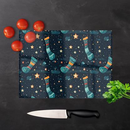 Christmas Stocking In A Starry Night Sky Glass Chopping Board