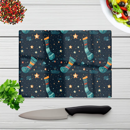 Christmas Stocking In A Starry Night Sky Glass Chopping Board