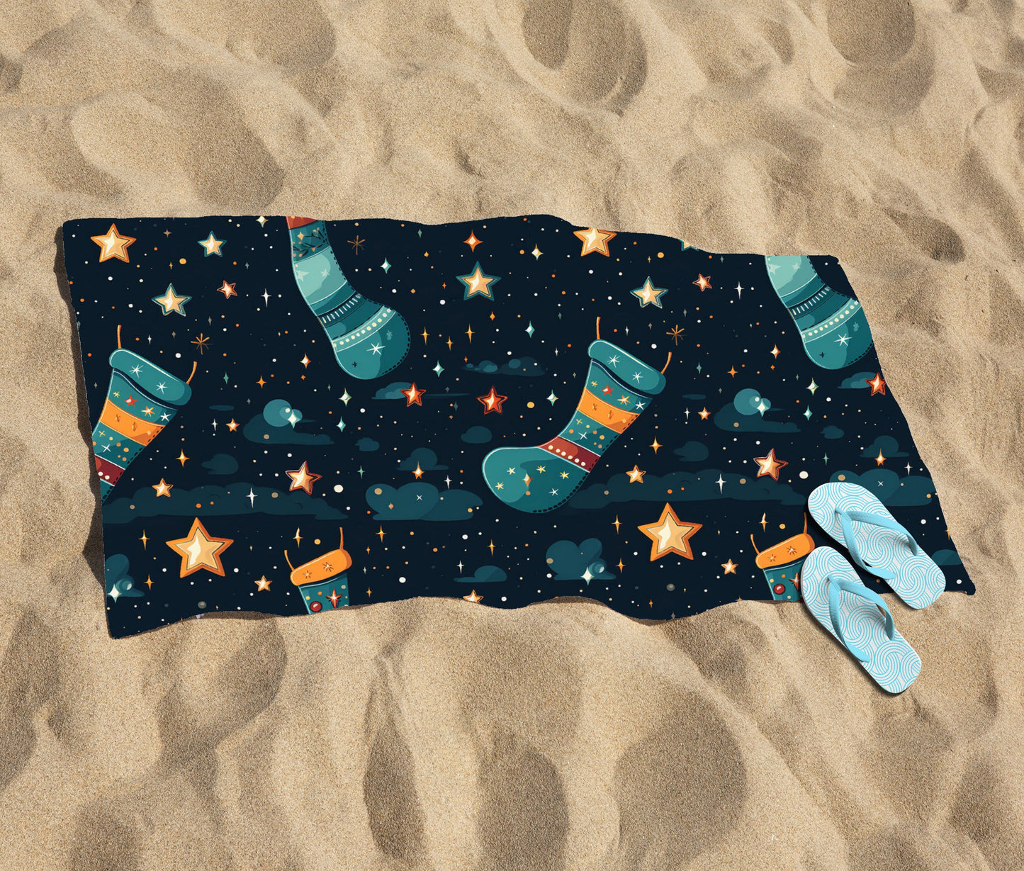 Christmas Stocking In A Starry Night Sky Beach Towel