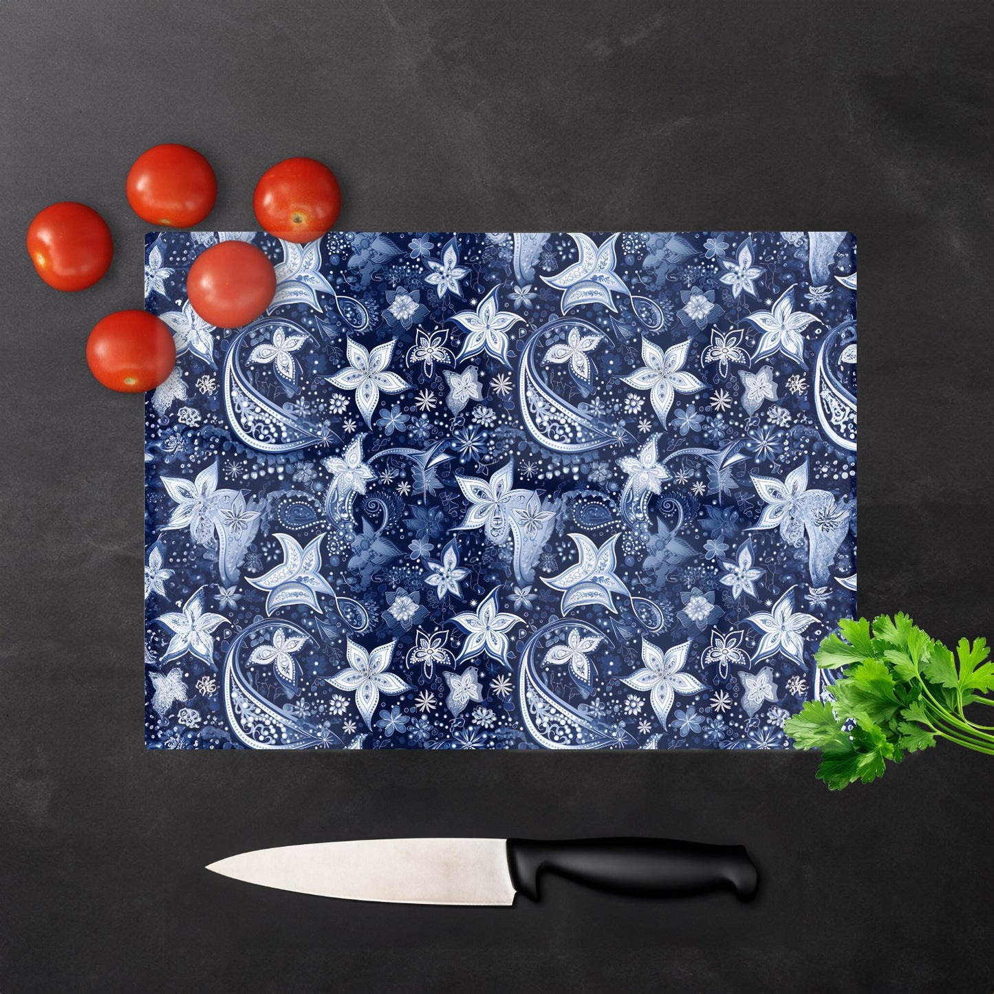 Paisley Christmas Stars Blue Glass Chopping Board