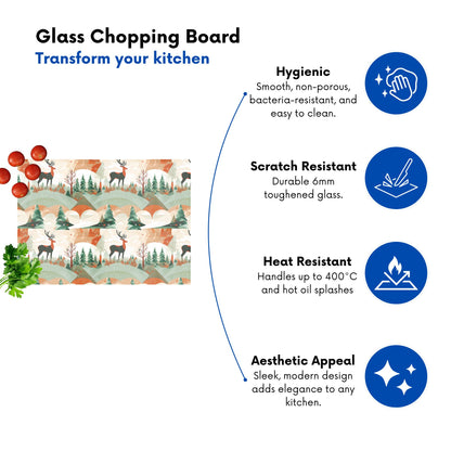 Reindeer On A Snowy Landscape Pattern Glass Chopping Board