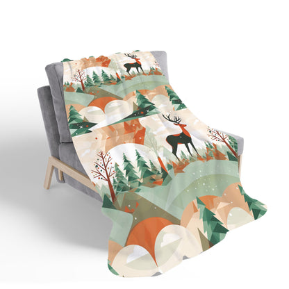 Reindeer On A Snowy Landscape Pattern Sherpa Blanket