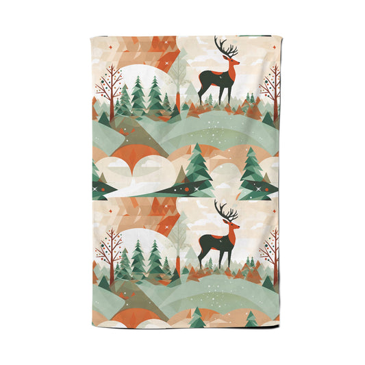 Reindeer On A Snowy Landscape Pattern Tea Towel