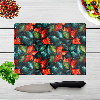 Christmas Watercolour Holly Leaf Glass Chopping Board