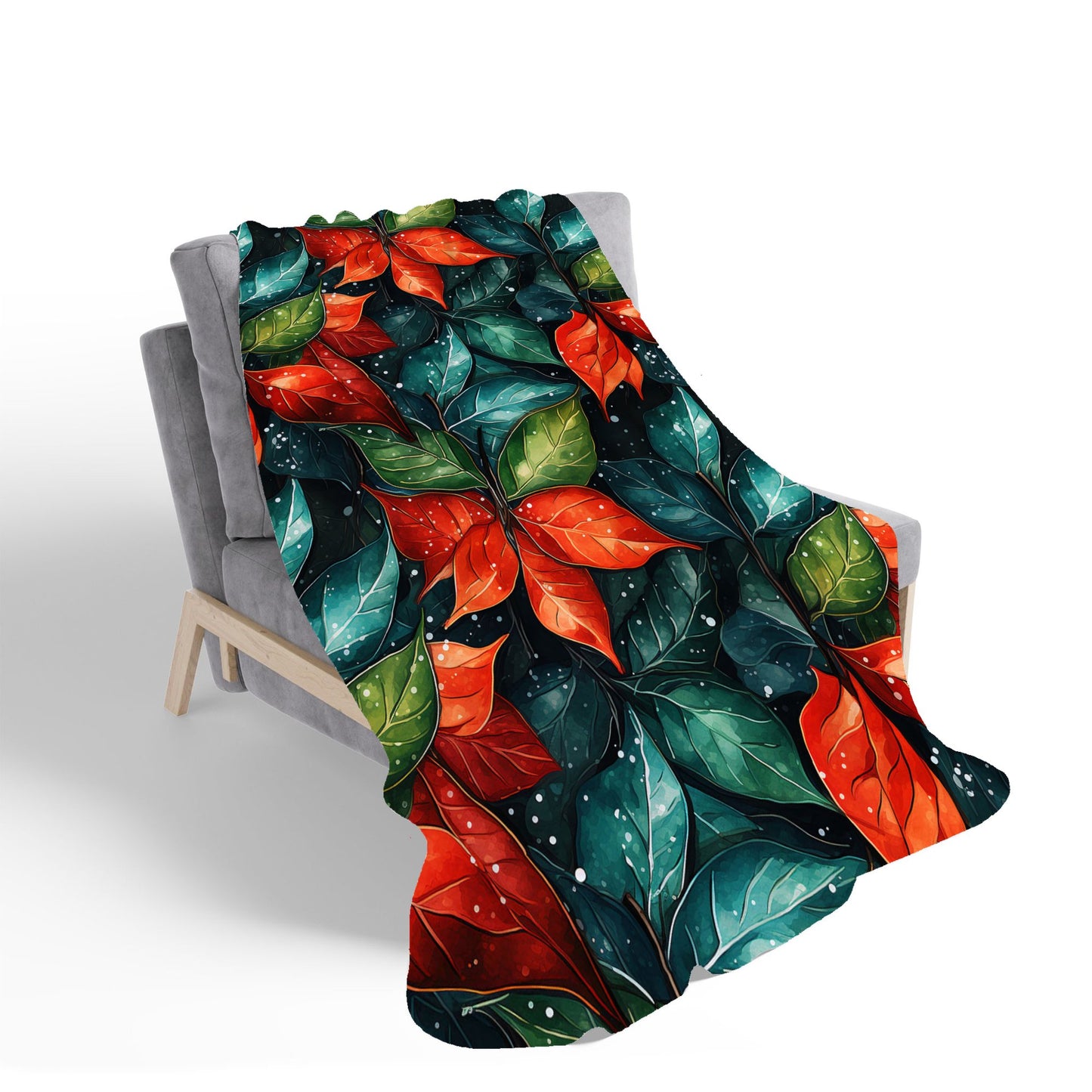 Christmas Watercolour Holly Leaf Sherpa Blanket