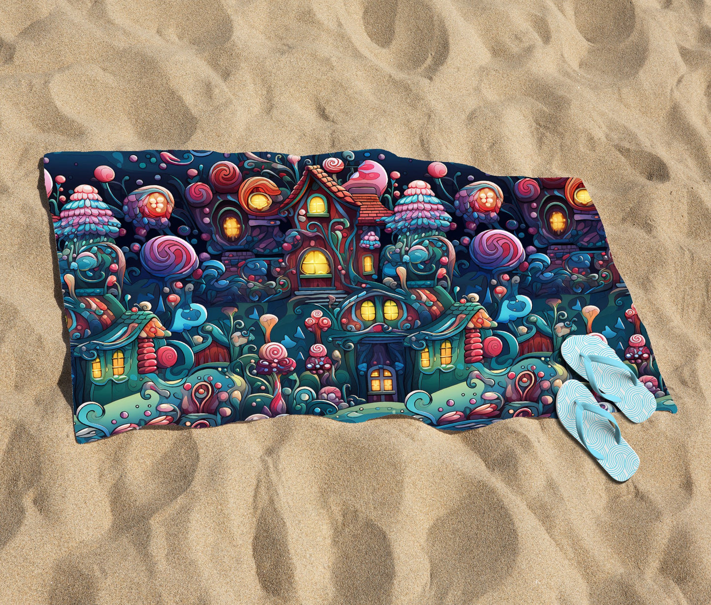 Whimsical Gingerbread House Pattern Beach Towel