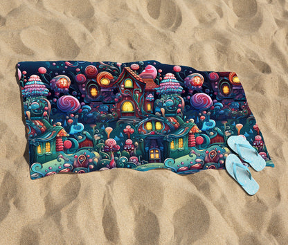 Whimsical Gingerbread House Pattern Beach Towel