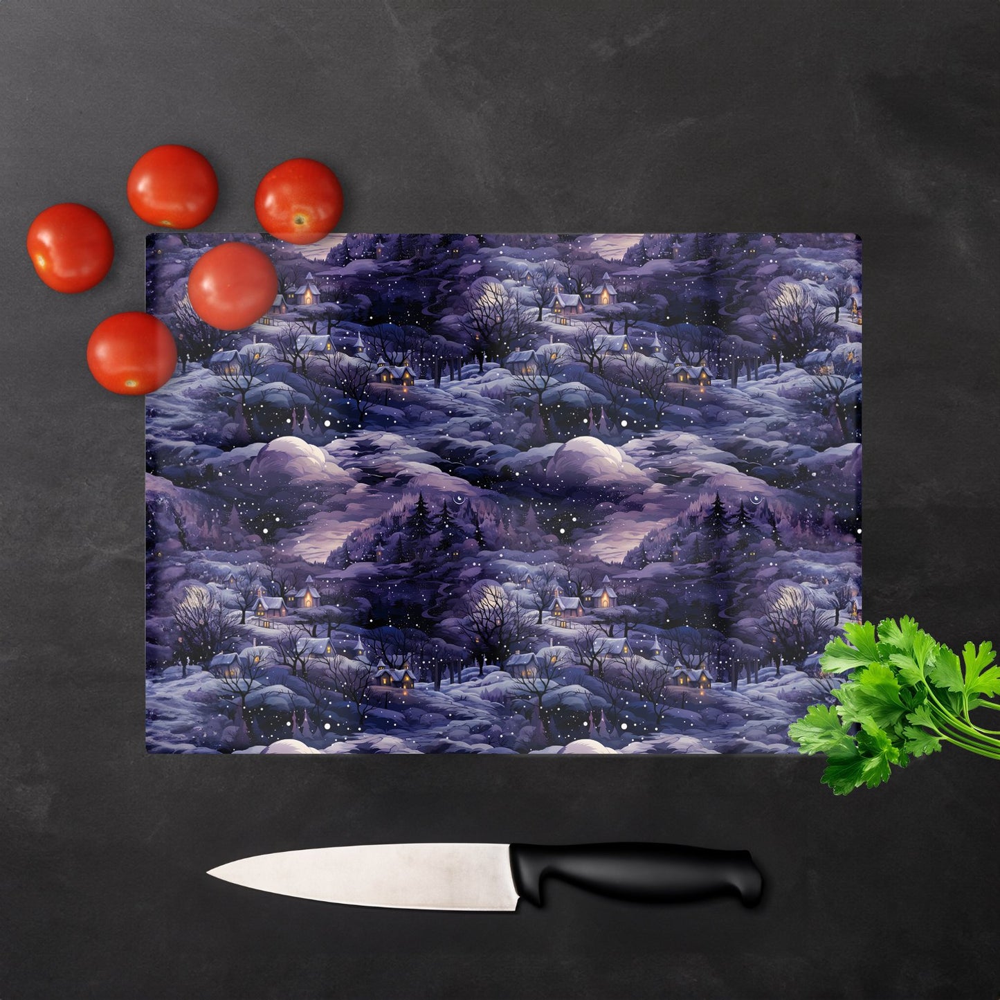 Snowy Christmas Village On A Starry Night Glass Chopping Board