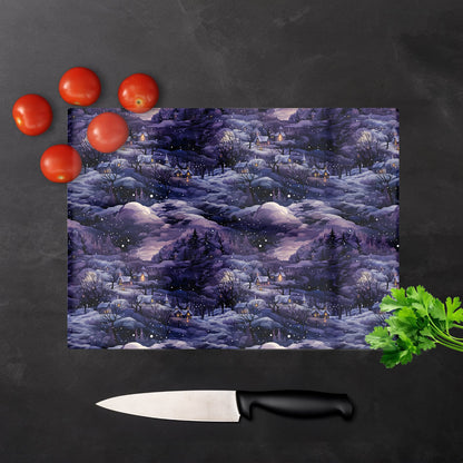 Snowy Christmas Village On A Starry Night Glass Chopping Board