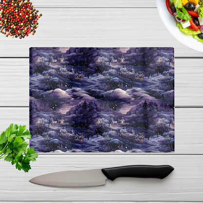 Snowy Christmas Village On A Starry Night Glass Chopping Board