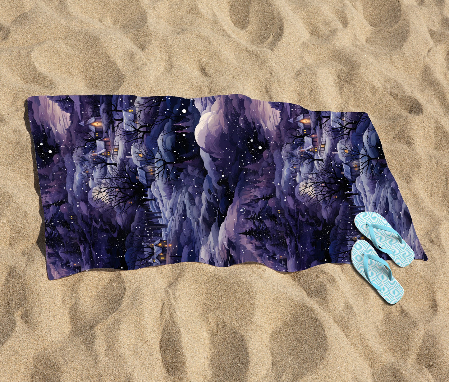 Snowy Christmas Village On A Starry Night Beach Towel