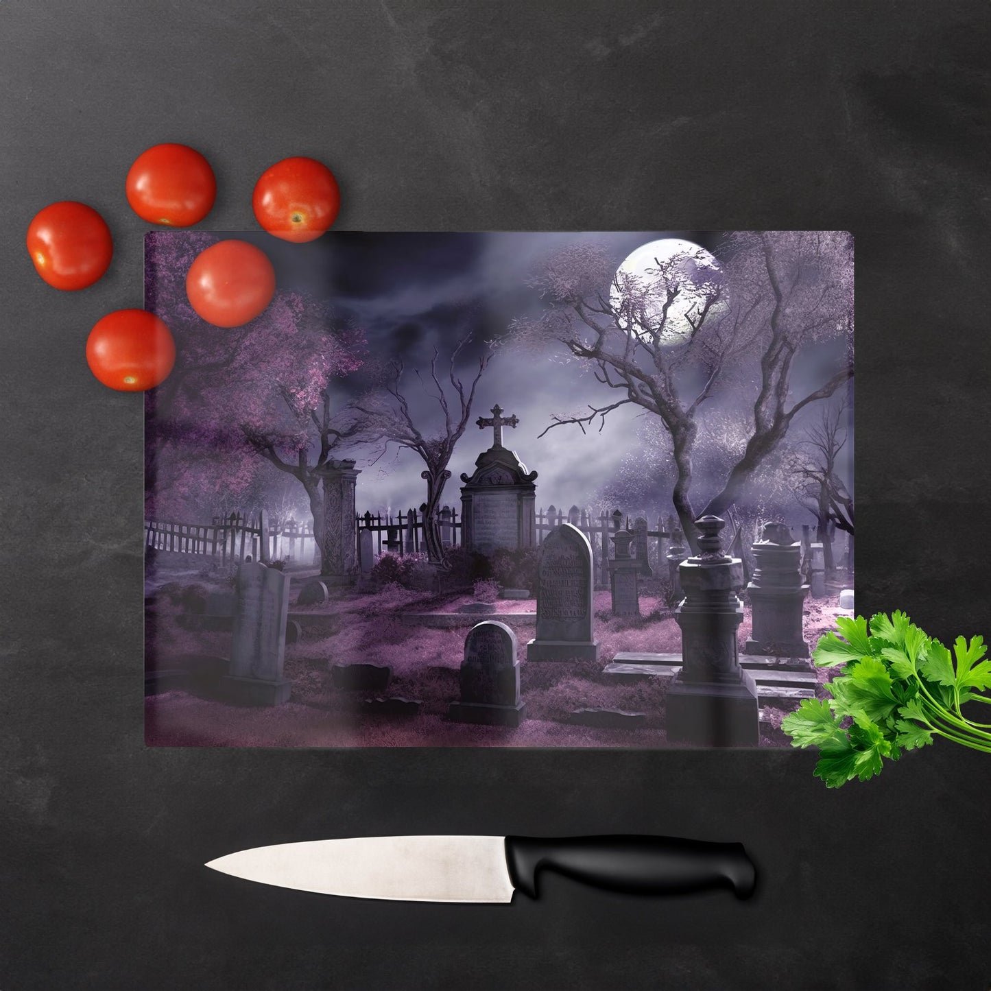 Witchs Moonlit Cemetery Design Glass Chopping Board