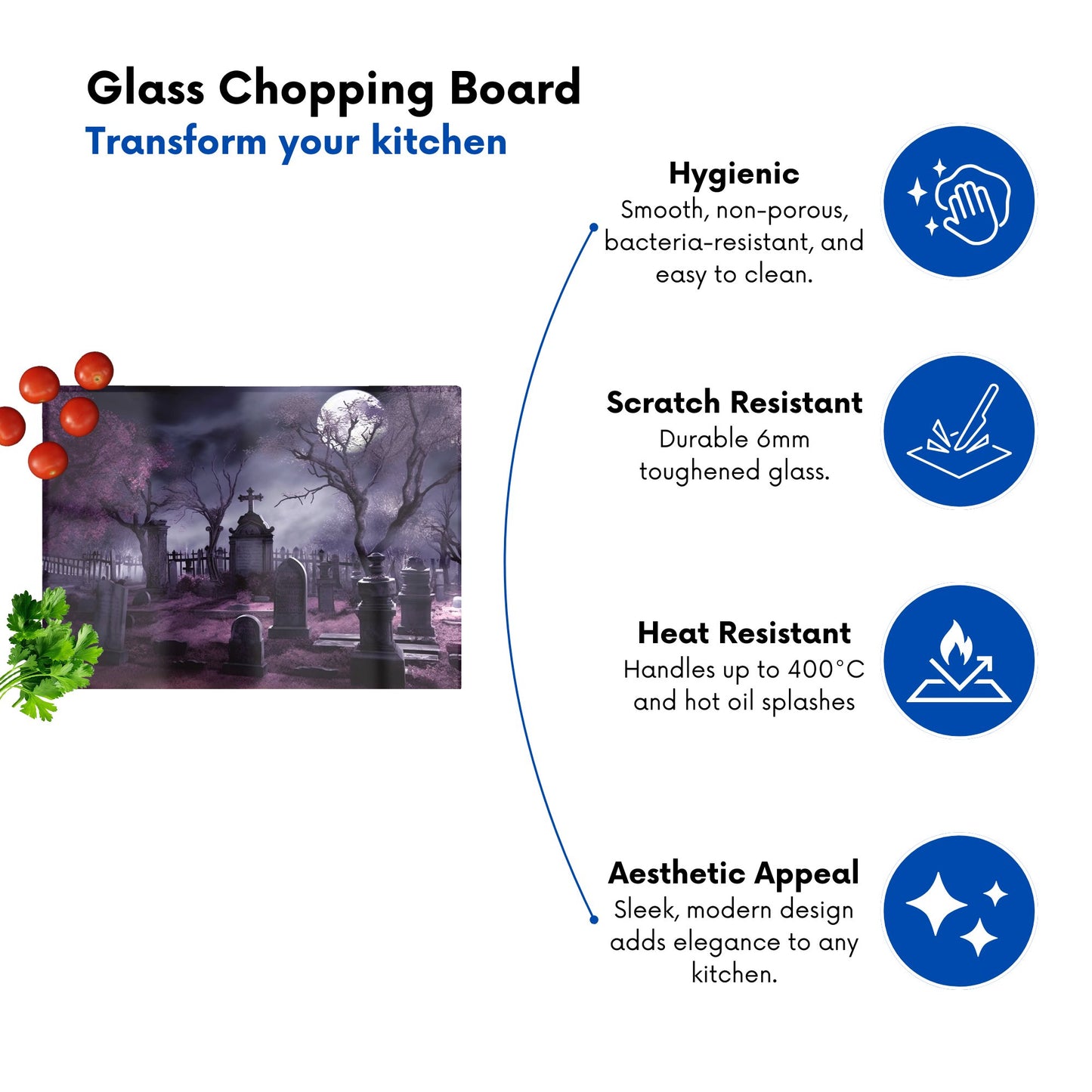 Witchs Moonlit Cemetery Design Glass Chopping Board