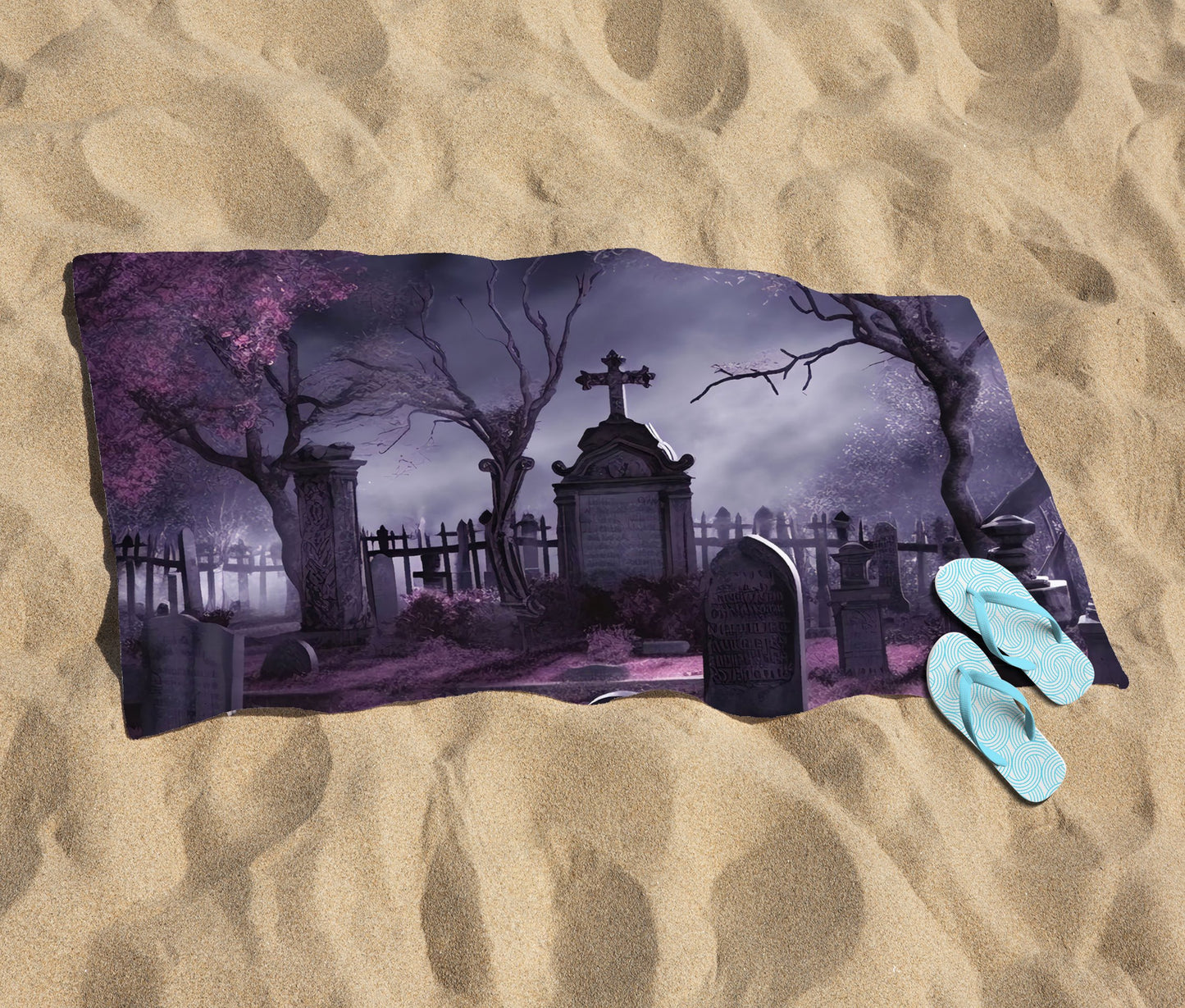 Witchs Moonlit Cemetery Design Beach Towel