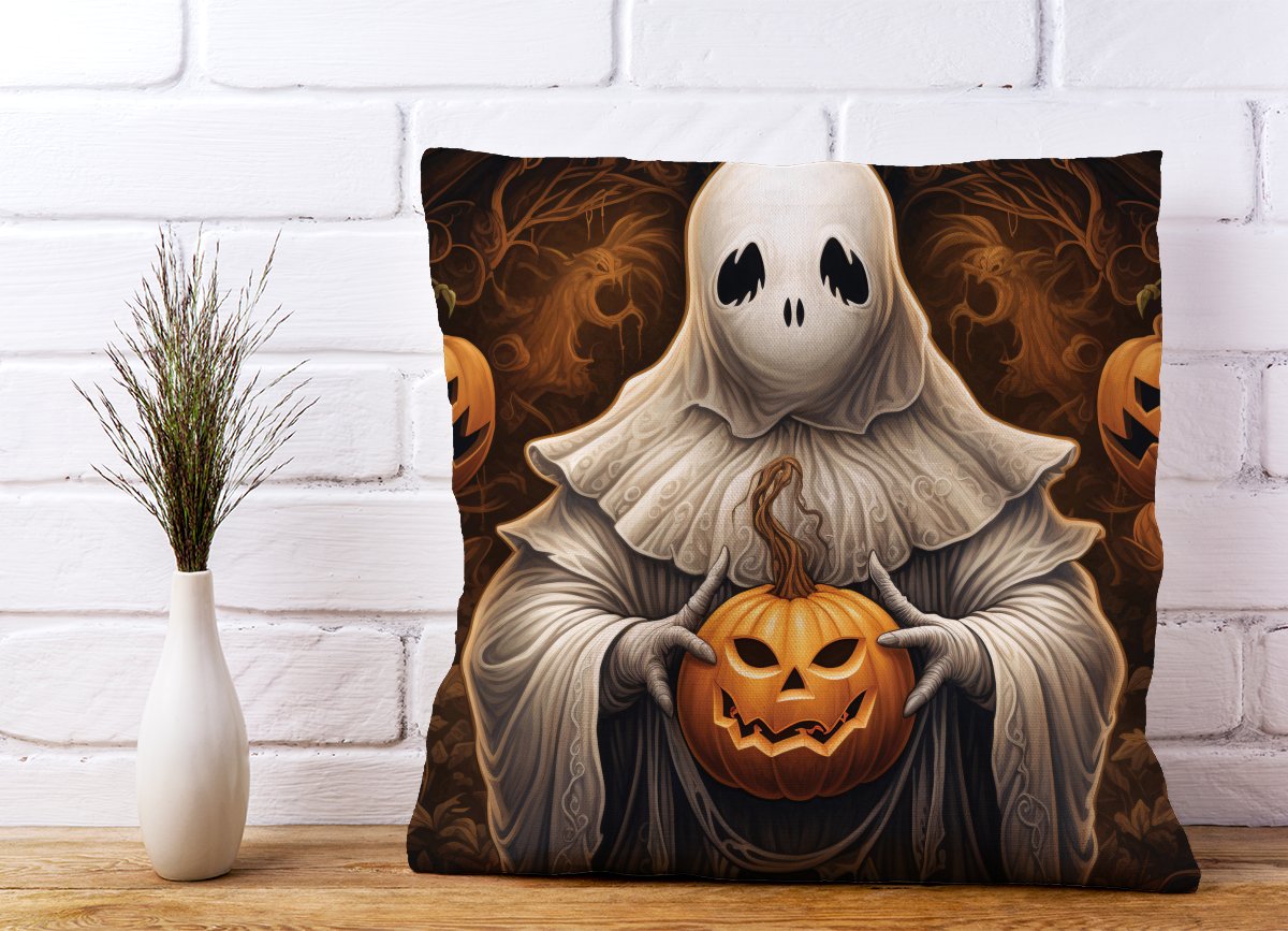 Spooky White Ghost Holding Pumpkin Cushions