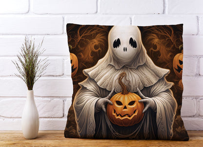 Spooky White Ghost Holding Pumpkin Cushions