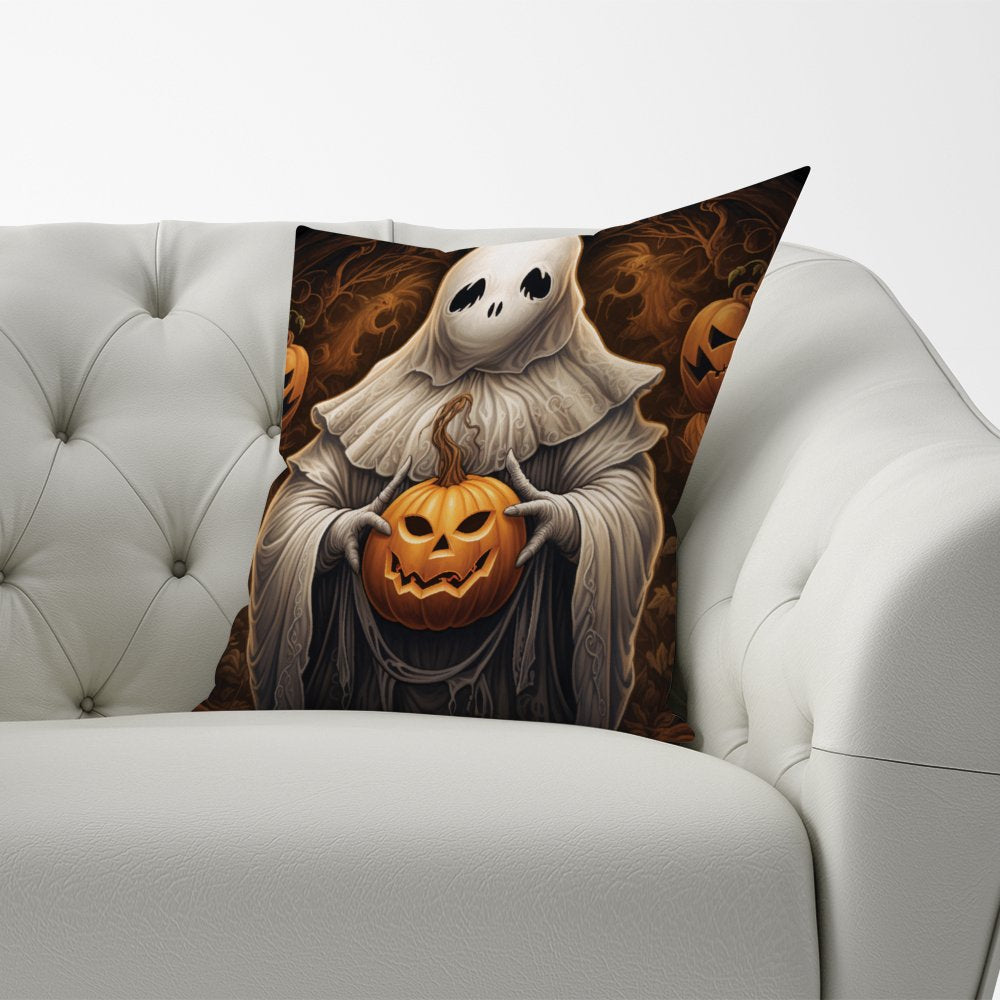 Spooky White Ghost Holding Pumpkin Cushions
