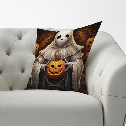 Spooky White Ghost Holding Pumpkin Cushions