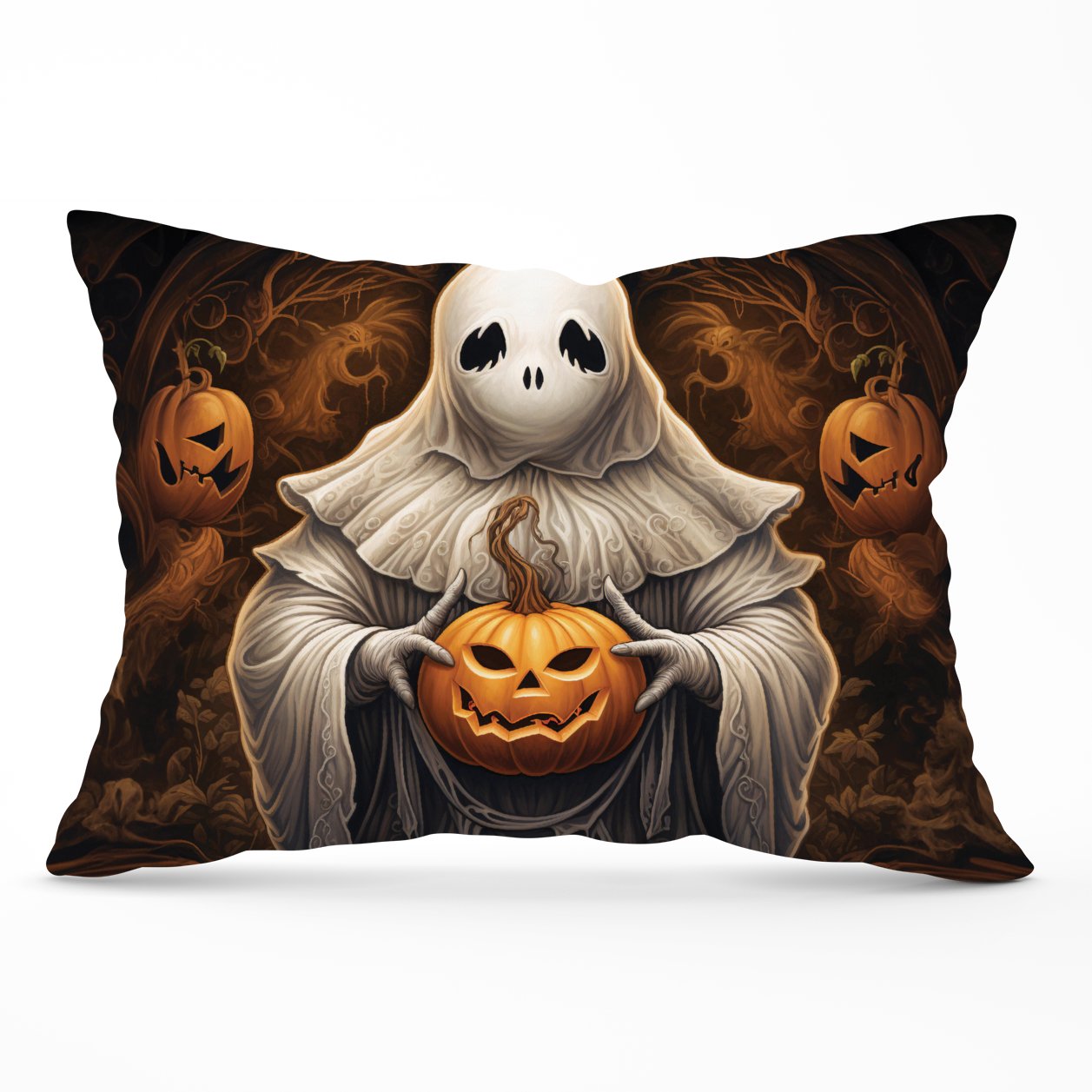 Spooky White Ghost Holding Pumpkin Cushions