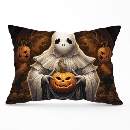 Spooky White Ghost Holding Pumpkin Cushions