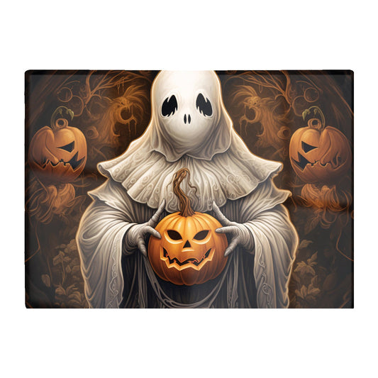 Spooky White Ghost Holding Pumpkin Glass Chopping Board