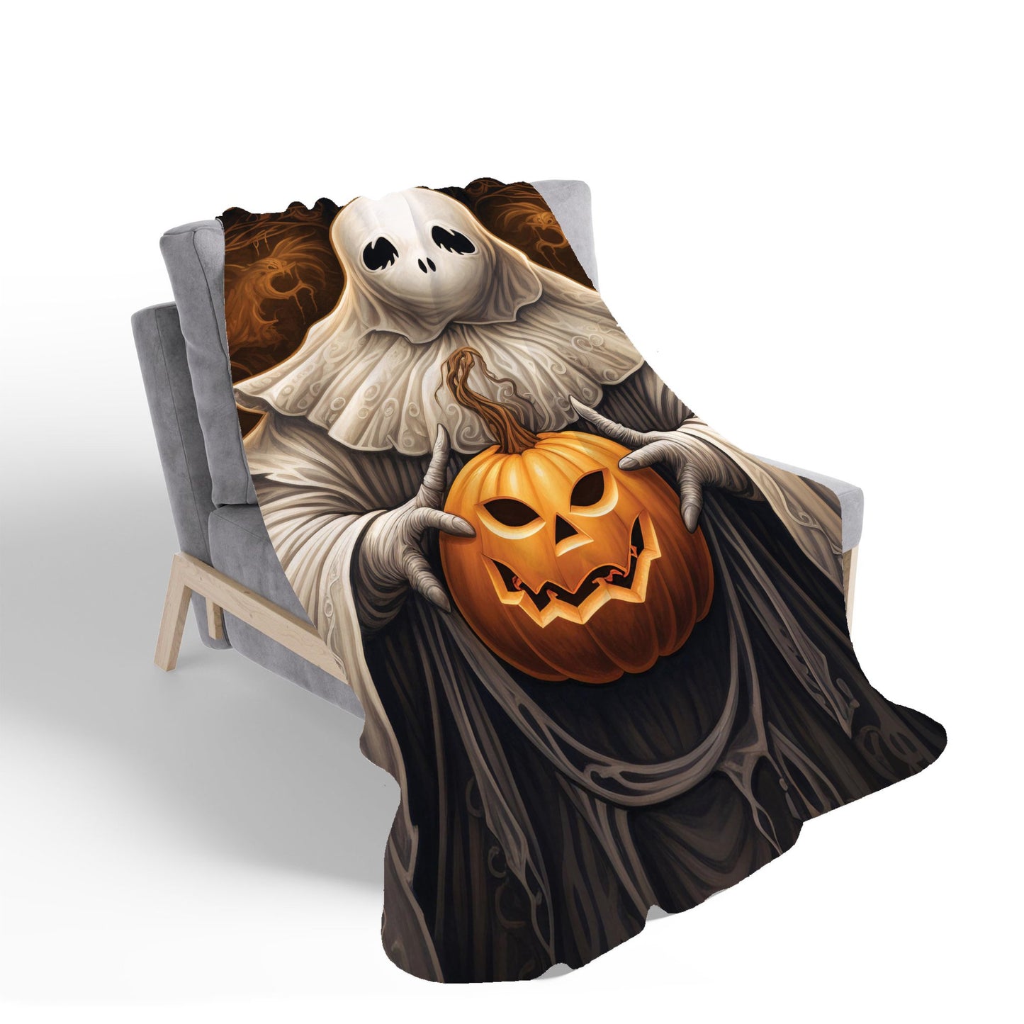 Spooky White Ghost Holding Pumpkin Sherpa Blanket