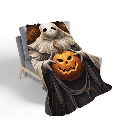 Spooky White Ghost Holding Pumpkin Sherpa Blanket