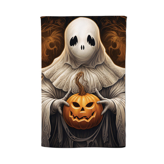 Spooky White Ghost Holding Pumpkin Tea Towel