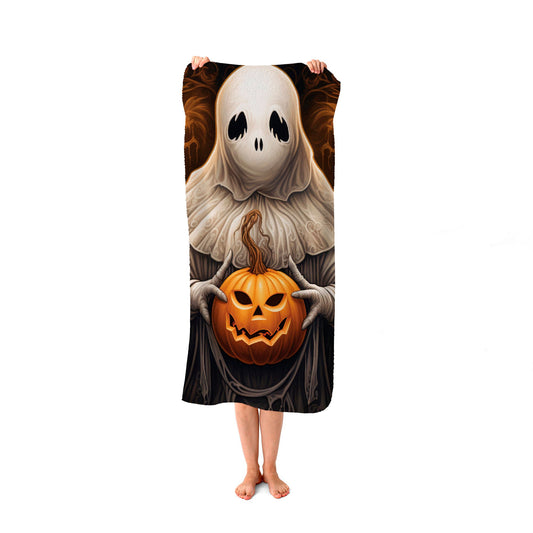 Spooky White Ghost Holding Pumpkin Beach Towel