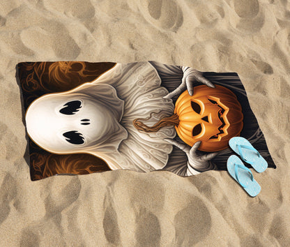 Spooky White Ghost Holding Pumpkin Beach Towel