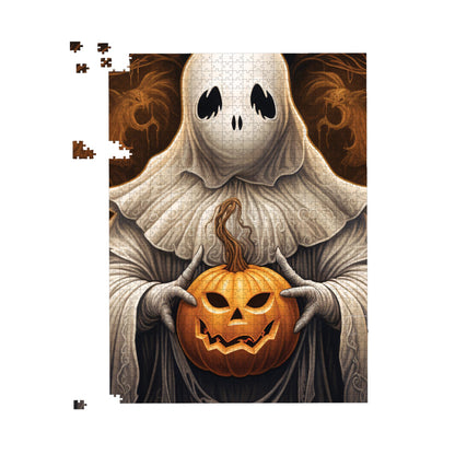 Spooky White Ghost Holding Pumpkin Jigsaw Puzzle