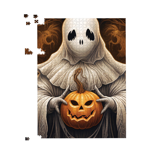 Spooky White Ghost Holding Pumpkin Jigsaw Puzzle